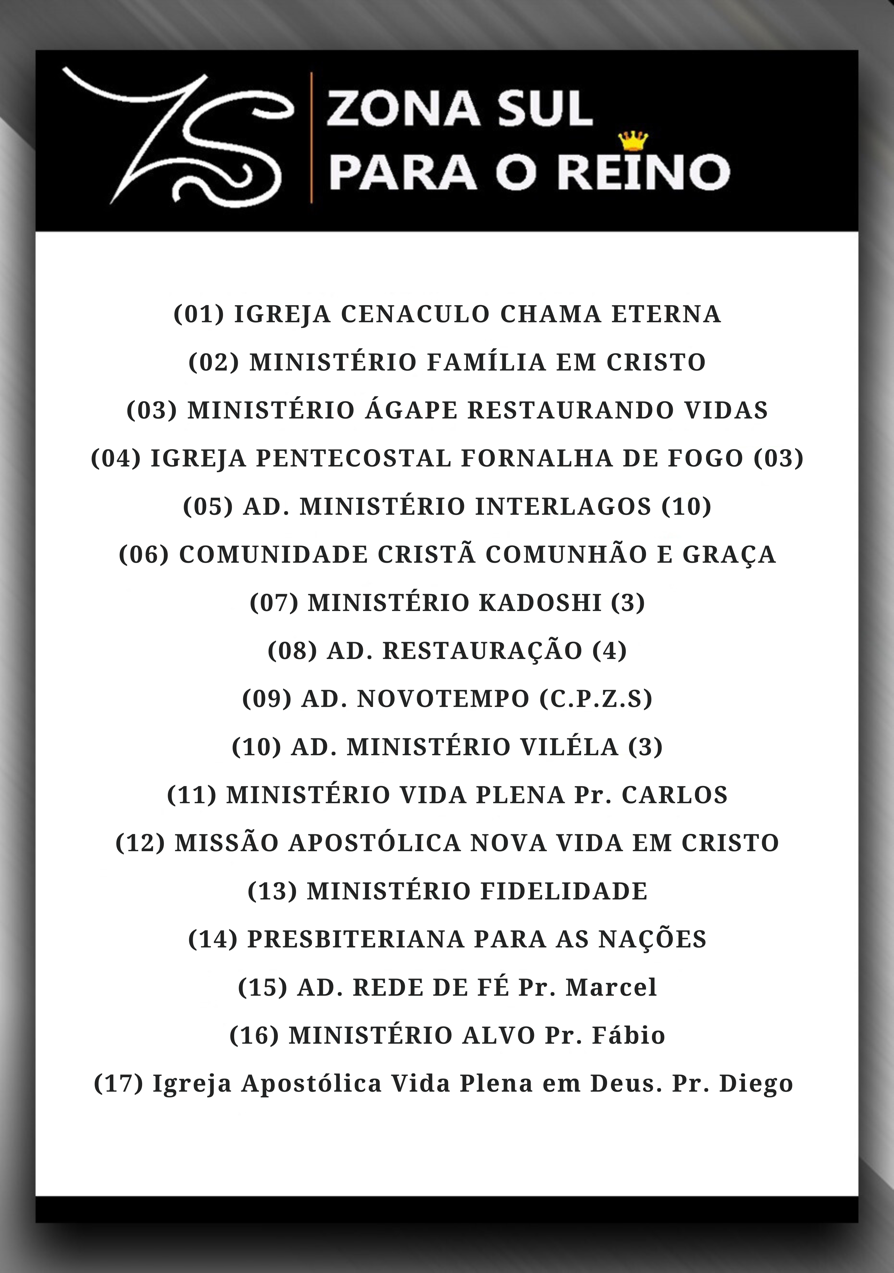 (01) IGREJA CENACULO CHAMA ETERNA (02) MINISTÉRIO FAMÍLIA EM CRISTO (03) MINISTÉRIO ÁGAPE RESTAURANDO VIDAS (04) IGREJA PENTECOSTAL FORNALHA DE FOGO (03) (05) AD. MINISTÉRIO INTERLAGOS (10) (06) C.png